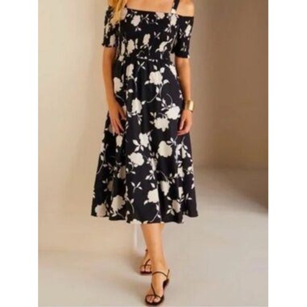Soft Surroundings Black White Floral Smocked Cold Shoulder Midi Dress Size 2X